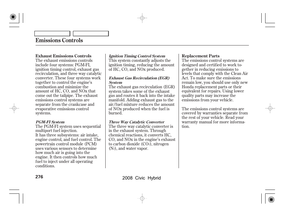 Emissions controls | HONDA 2008 Civic Hybrid - Owner's Manual User Manual | Page 279 / 300