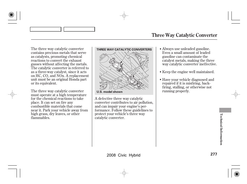 Three way catalytic converter | HONDA 2008 Civic Hybrid - Owner's Manual User Manual | Page 280 / 300