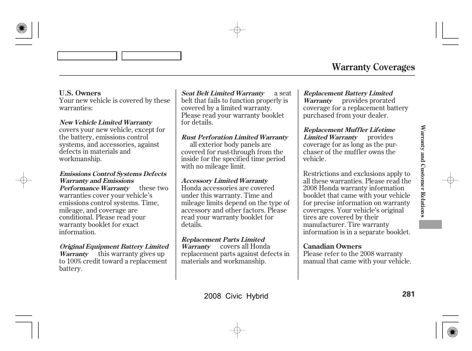 Warranty coverages | HONDA 2008 Civic Hybrid - Owner's Manual User Manual | Page 284 / 300