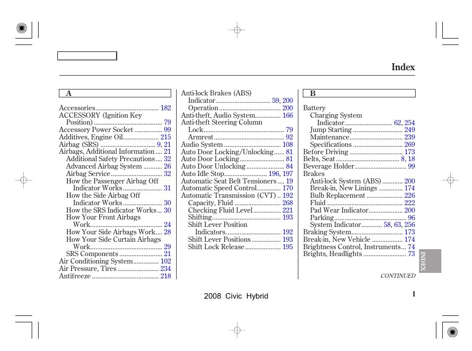 Index | HONDA 2008 Civic Hybrid - Owner's Manual User Manual | Page 288 / 300