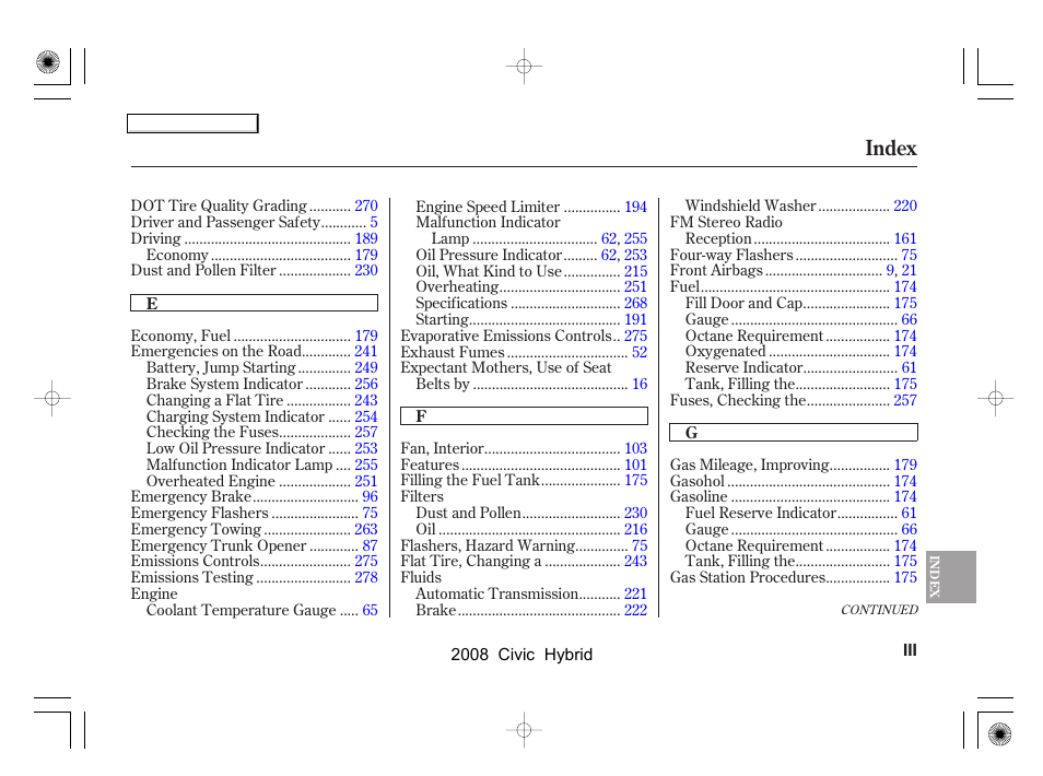 Index | HONDA 2008 Civic Hybrid - Owner's Manual User Manual | Page 290 / 300