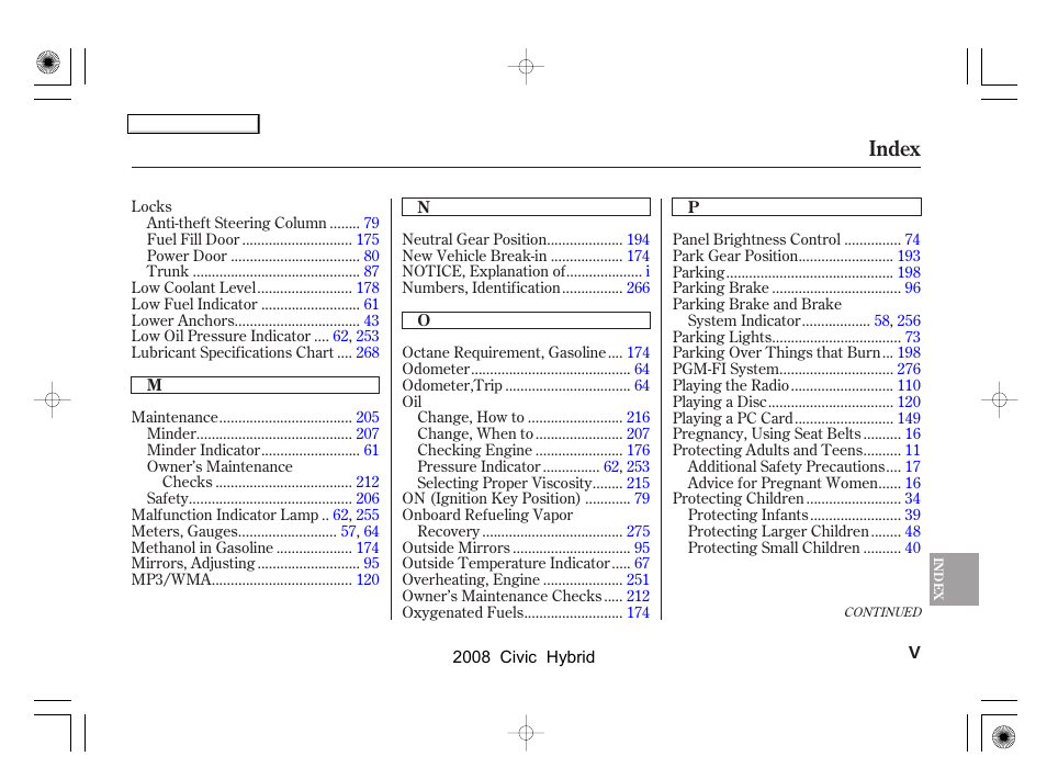 Index | HONDA 2008 Civic Hybrid - Owner's Manual User Manual | Page 292 / 300