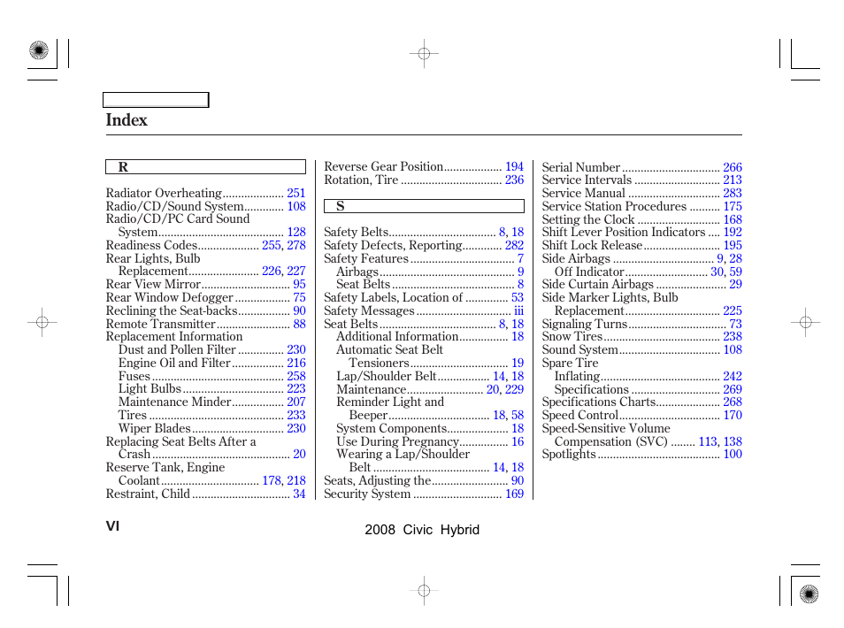 Index | HONDA 2008 Civic Hybrid - Owner's Manual User Manual | Page 293 / 300