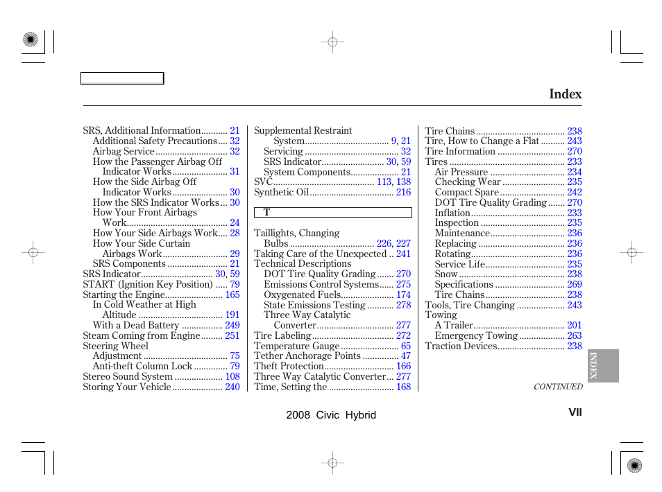 Index | HONDA 2008 Civic Hybrid - Owner's Manual User Manual | Page 294 / 300