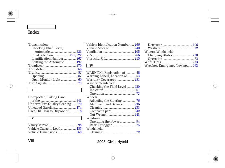 Index | HONDA 2008 Civic Hybrid - Owner's Manual User Manual | Page 295 / 300