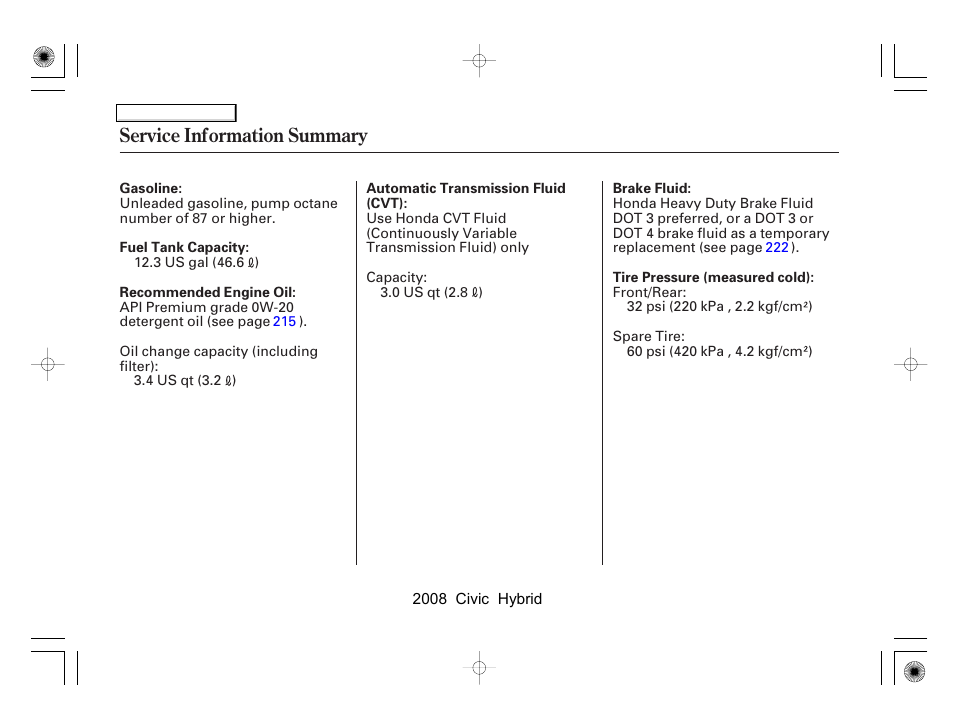 Service information summary | HONDA 2008 Civic Hybrid - Owner's Manual User Manual | Page 299 / 300