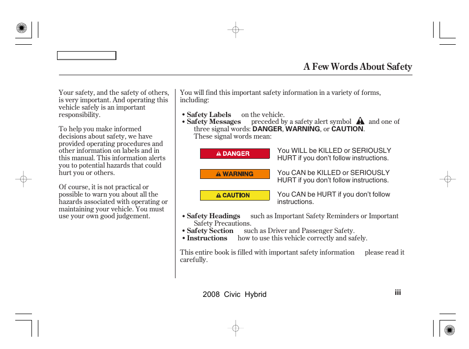 A few words about safety | HONDA 2008 Civic Hybrid - Owner's Manual User Manual | Page 3 / 300