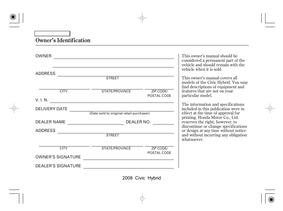 Owner’s identification | HONDA 2008 Civic Hybrid - Owner's Manual User Manual | Page 300 / 300