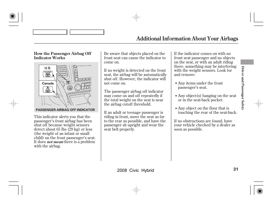 Additional information about your airbags | HONDA 2008 Civic Hybrid - Owner's Manual User Manual | Page 34 / 300