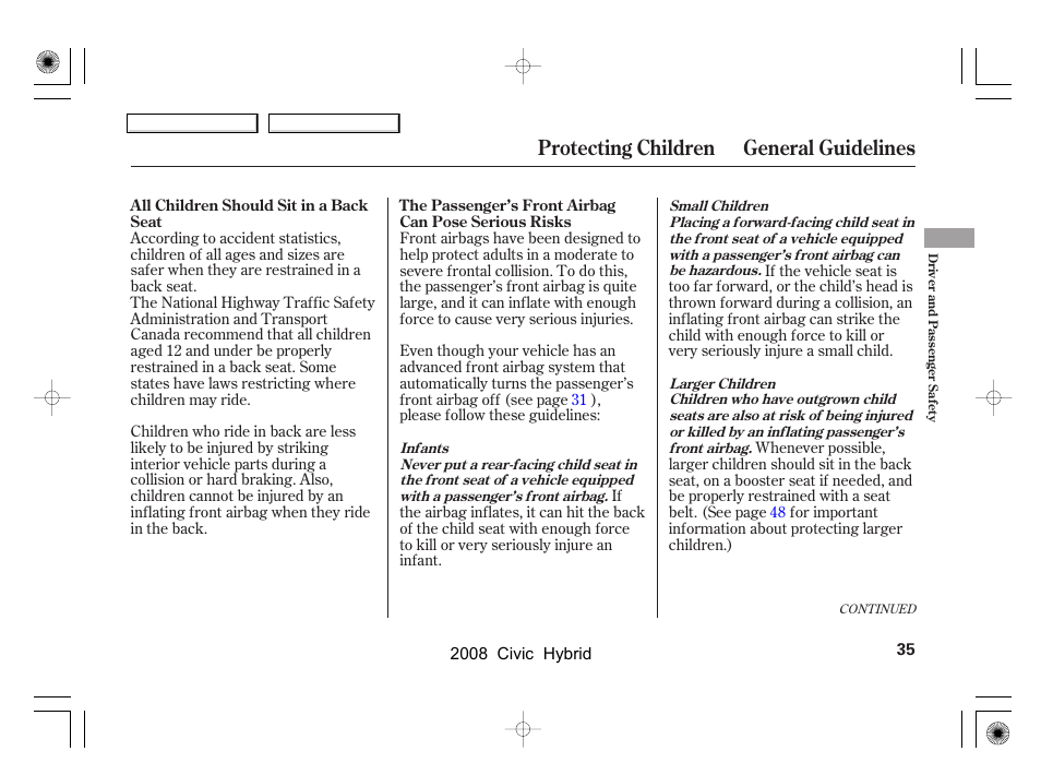 Protecting children general guidelines | HONDA 2008 Civic Hybrid - Owner's Manual User Manual | Page 38 / 300