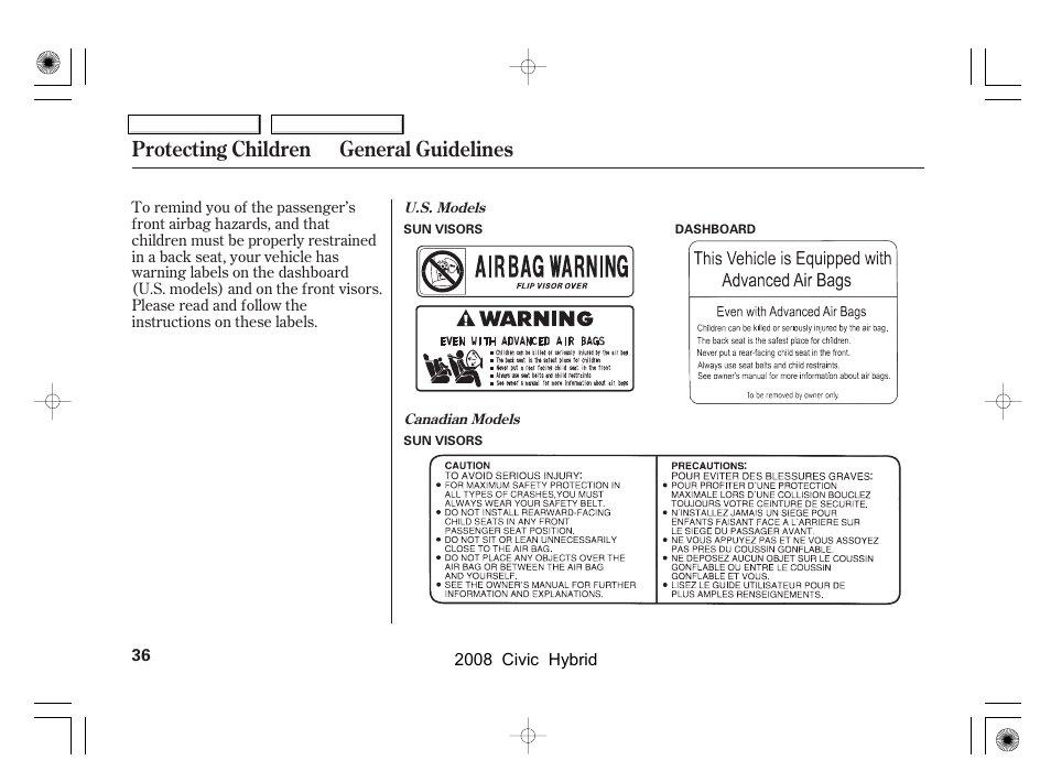 Protecting children general guidelines | HONDA 2008 Civic Hybrid - Owner's Manual User Manual | Page 39 / 300