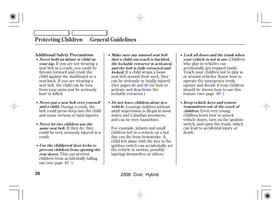 Protecting children general guidelines | HONDA 2008 Civic Hybrid - Owner's Manual User Manual | Page 41 / 300