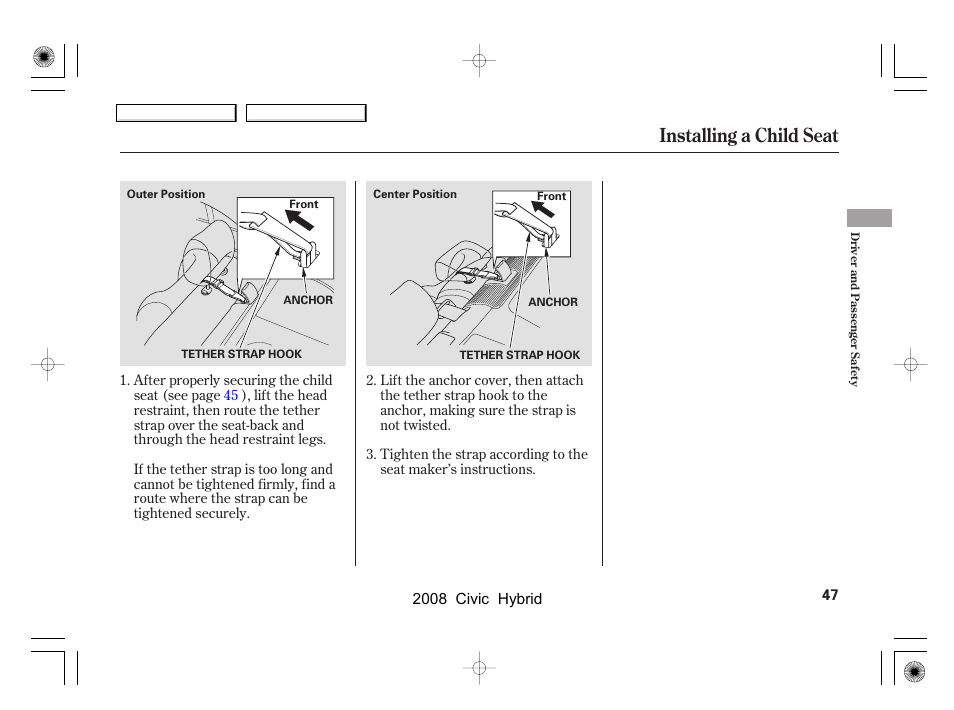 Installing a child seat | HONDA 2008 Civic Hybrid - Owner's Manual User Manual | Page 50 / 300