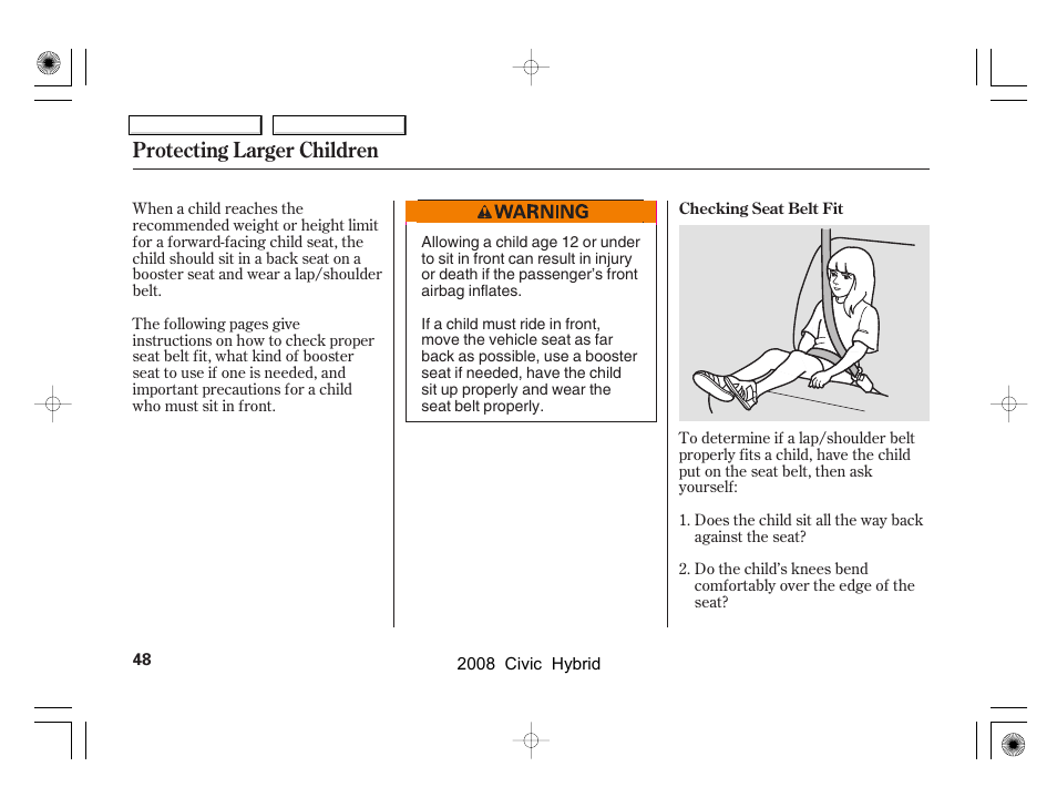 Protecting larger children | HONDA 2008 Civic Hybrid - Owner's Manual User Manual | Page 51 / 300