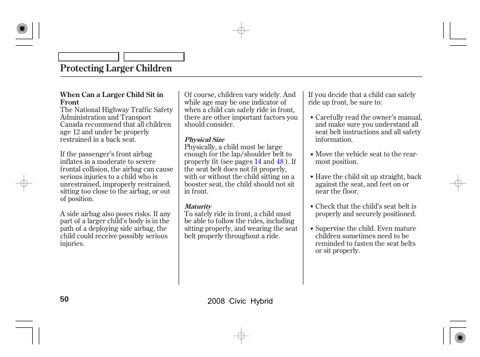 Protecting larger children | HONDA 2008 Civic Hybrid - Owner's Manual User Manual | Page 53 / 300