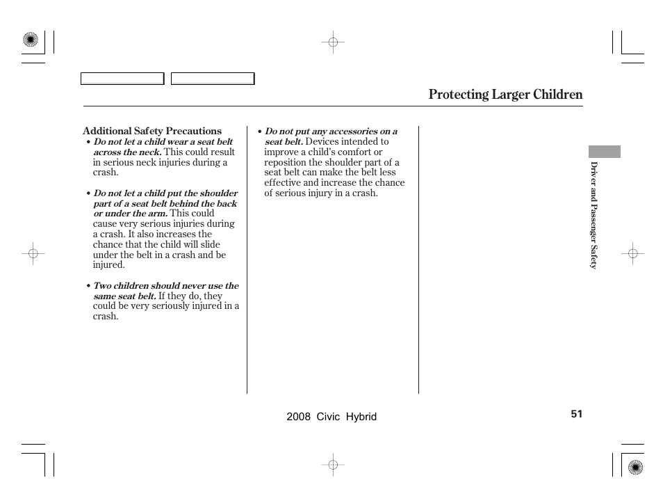 Protecting larger children | HONDA 2008 Civic Hybrid - Owner's Manual User Manual | Page 54 / 300