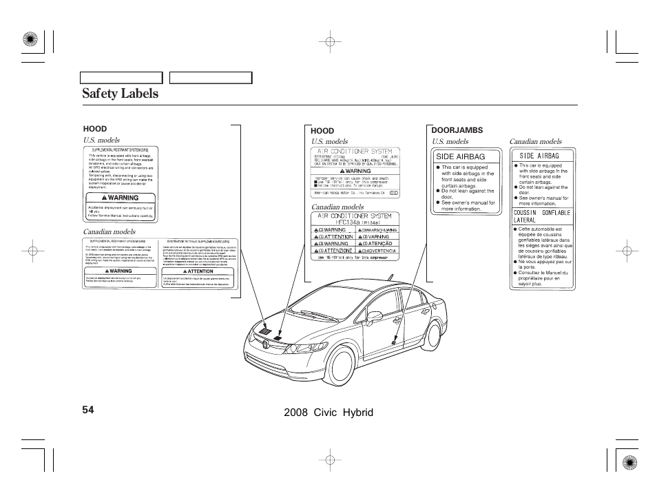 Safety labels | HONDA 2008 Civic Hybrid - Owner's Manual User Manual | Page 57 / 300