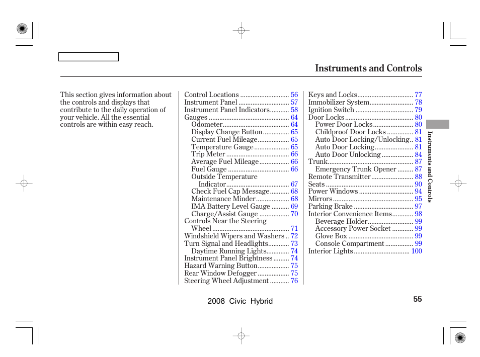 Instruments and controls | HONDA 2008 Civic Hybrid - Owner's Manual User Manual | Page 58 / 300