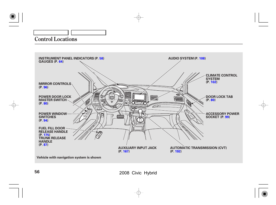 Control locations, 2008 civic hybrid | HONDA 2008 Civic Hybrid - Owner's Manual User Manual | Page 59 / 300