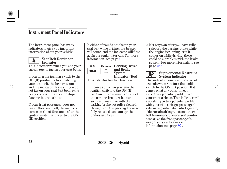 Instrument panel indicators | HONDA 2008 Civic Hybrid - Owner's Manual User Manual | Page 61 / 300