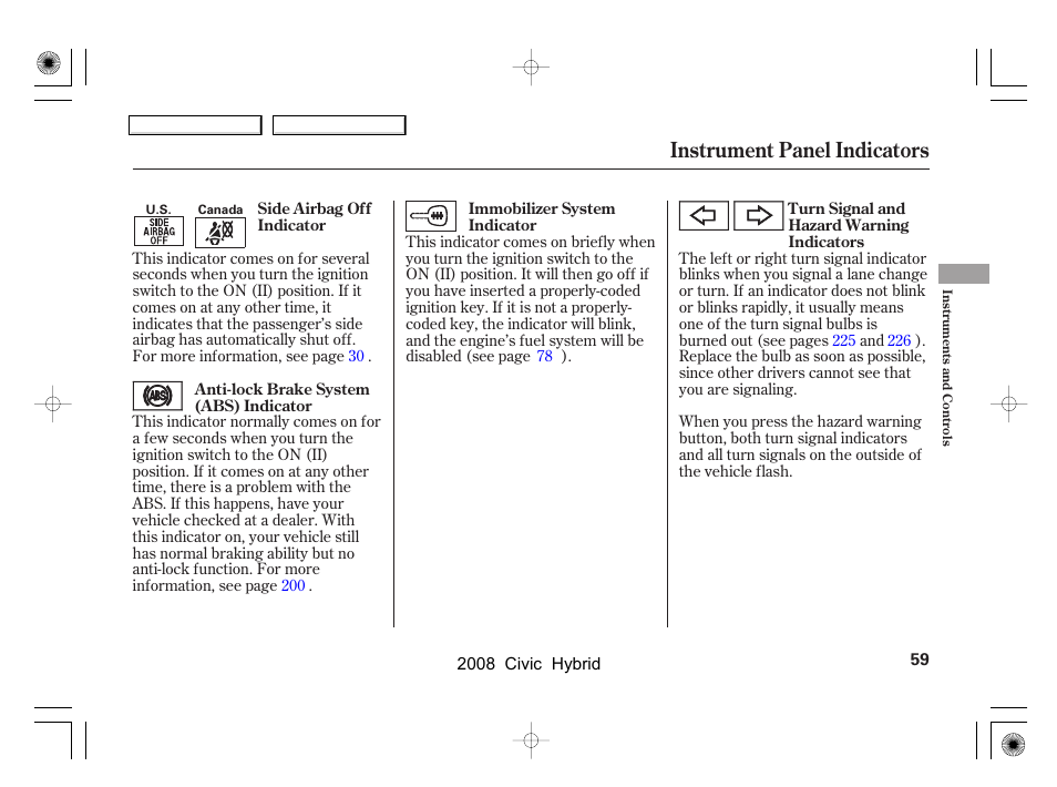 Instrument panel indicators | HONDA 2008 Civic Hybrid - Owner's Manual User Manual | Page 62 / 300