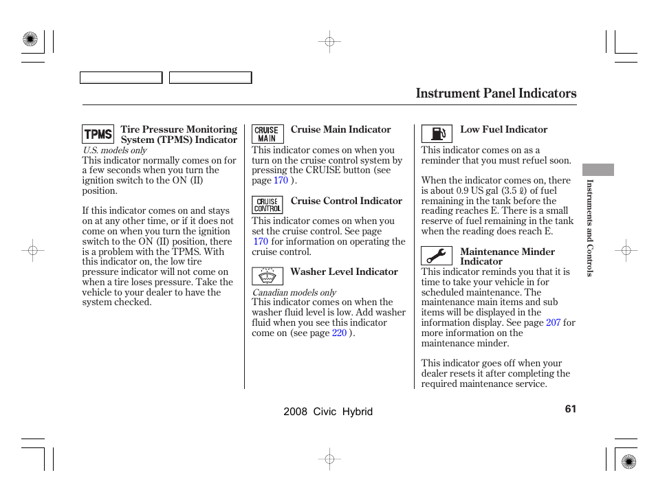 Instrument panel indicators | HONDA 2008 Civic Hybrid - Owner's Manual User Manual | Page 64 / 300