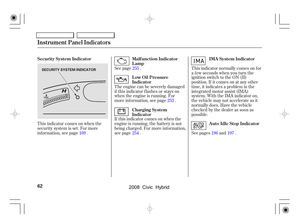 Instrument panel indicators | HONDA 2008 Civic Hybrid - Owner's Manual User Manual | Page 65 / 300