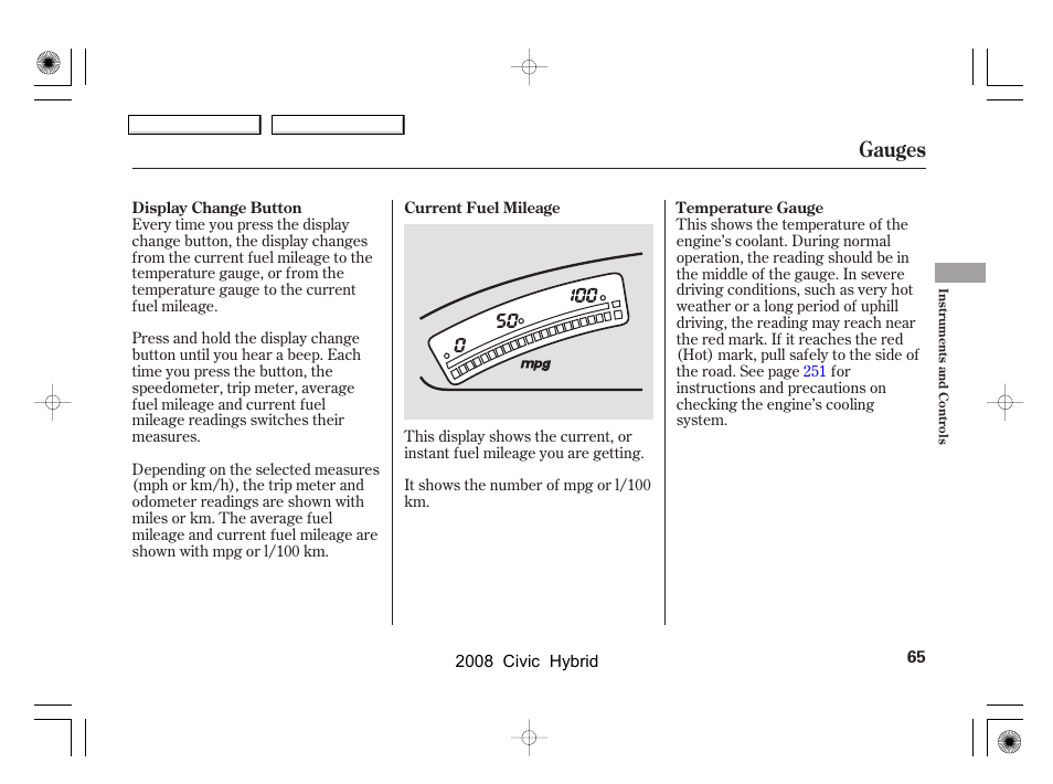 Gauges | HONDA 2008 Civic Hybrid - Owner's Manual User Manual | Page 68 / 300