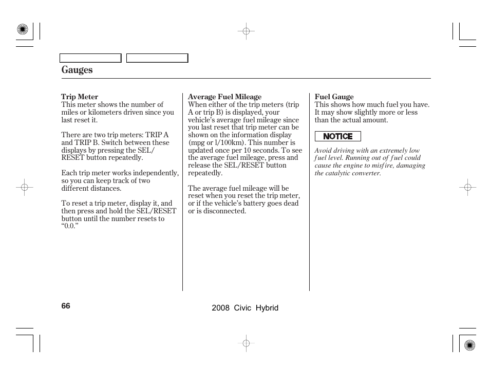 Gauges | HONDA 2008 Civic Hybrid - Owner's Manual User Manual | Page 69 / 300