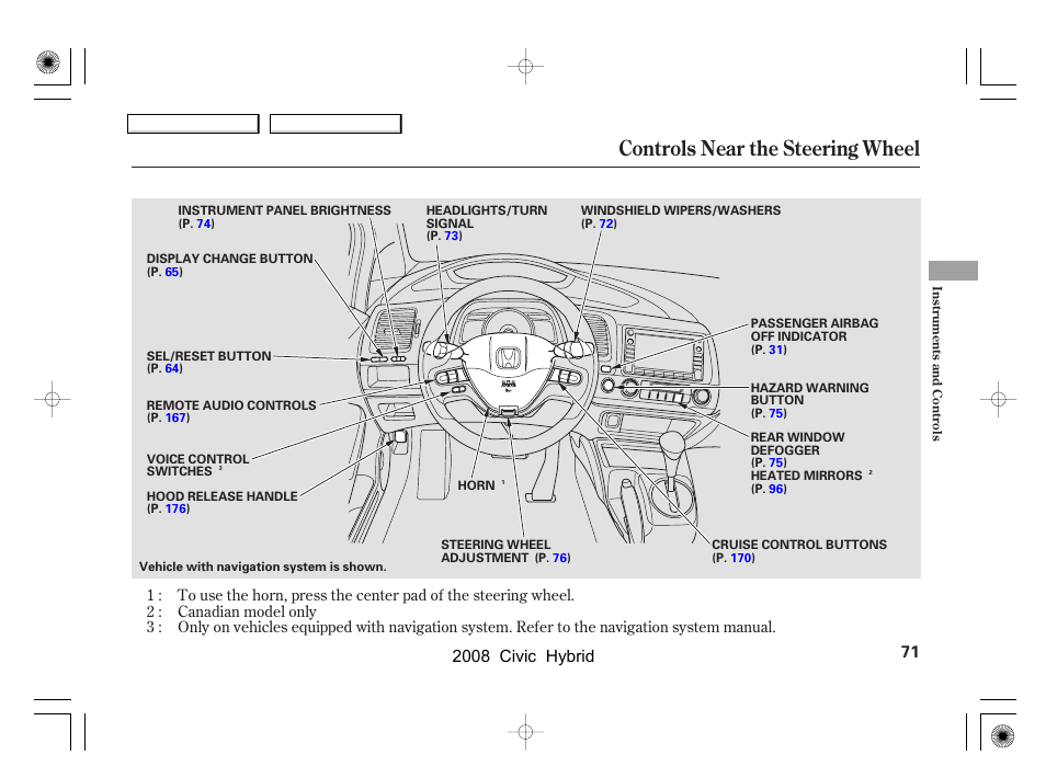 Controls near the steering wheel, 2008 civic hybrid | HONDA 2008 Civic Hybrid - Owner's Manual User Manual | Page 74 / 300