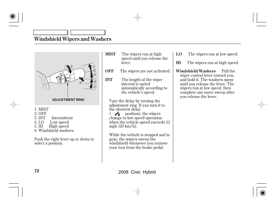 Windshield wipers and washers | HONDA 2008 Civic Hybrid - Owner's Manual User Manual | Page 75 / 300