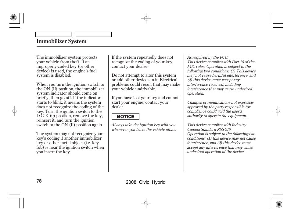 Immobilizer system | HONDA 2008 Civic Hybrid - Owner's Manual User Manual | Page 81 / 300