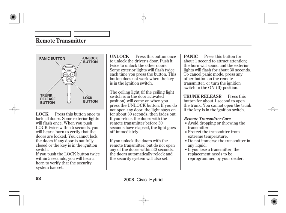 Remote transmitter | HONDA 2008 Civic Hybrid - Owner's Manual User Manual | Page 91 / 300