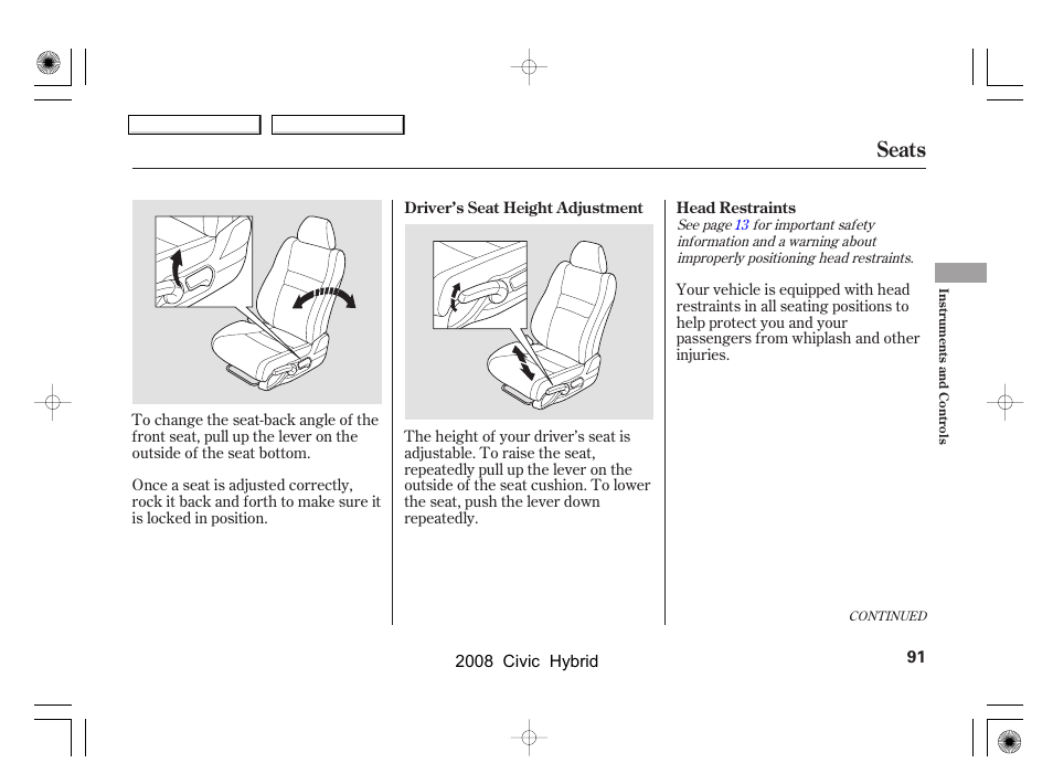 Seats | HONDA 2008 Civic Hybrid - Owner's Manual User Manual | Page 94 / 300