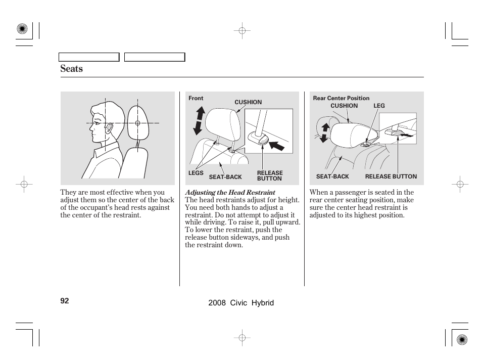 Seats | HONDA 2008 Civic Hybrid - Owner's Manual User Manual | Page 95 / 300