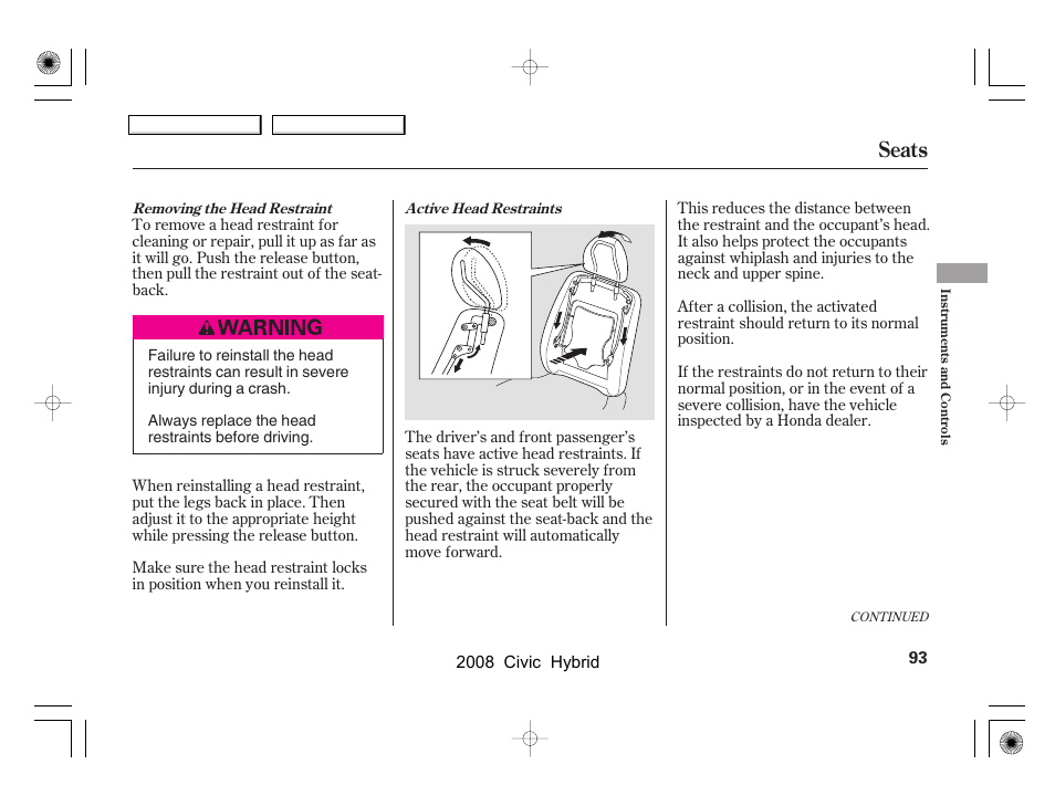 Seats | HONDA 2008 Civic Hybrid - Owner's Manual User Manual | Page 96 / 300