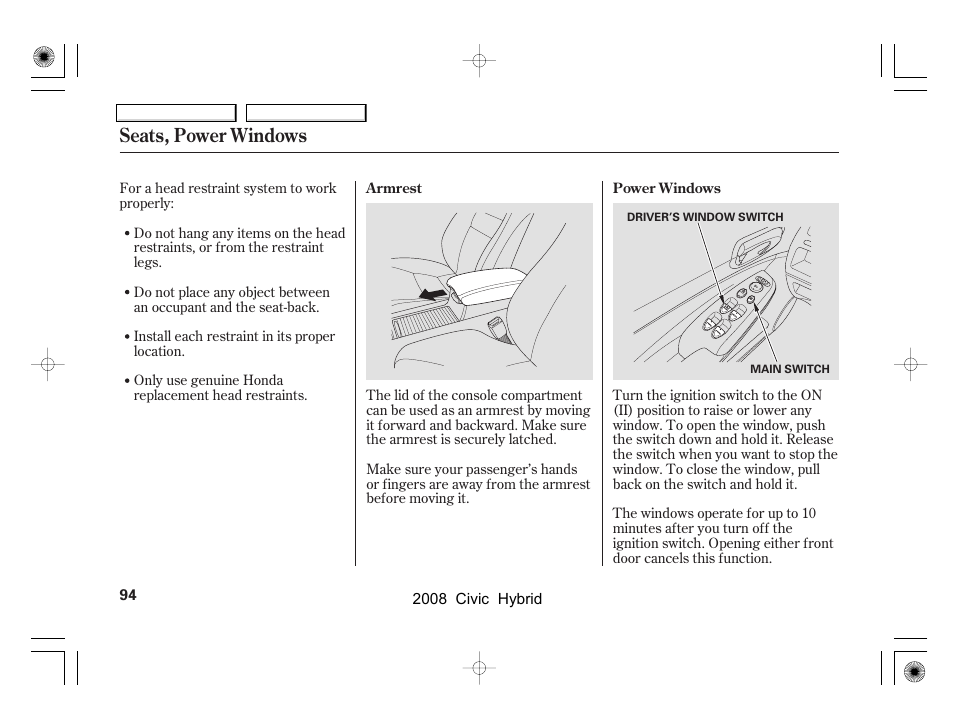 Seats, power windows | HONDA 2008 Civic Hybrid - Owner's Manual User Manual | Page 97 / 300