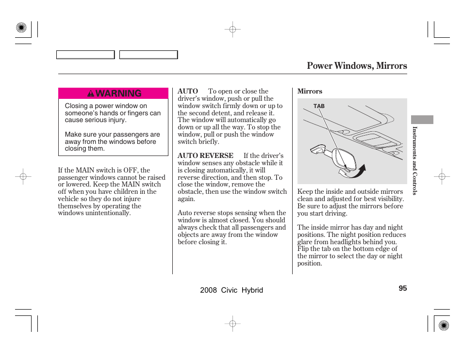 Power windows, mirrors | HONDA 2008 Civic Hybrid - Owner's Manual User Manual | Page 98 / 300