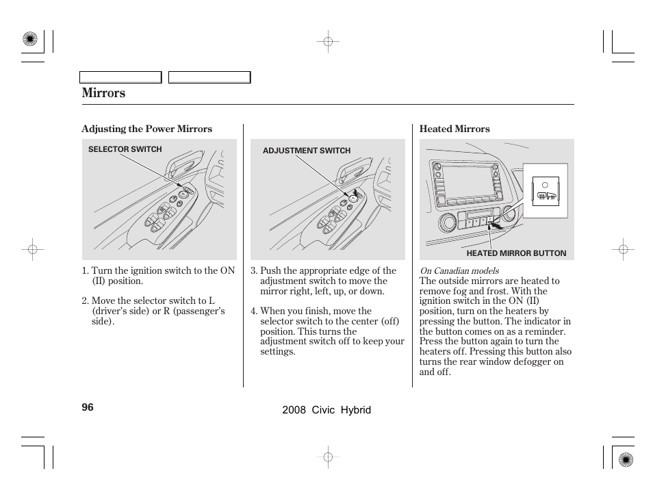 Mirrors | HONDA 2008 Civic Hybrid - Owner's Manual User Manual | Page 99 / 300