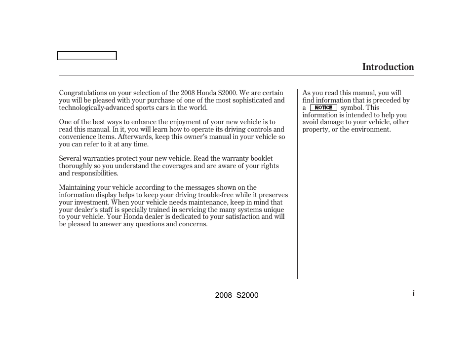 HONDA 2008 S2000 - Owner's Manual User Manual | 268 pages