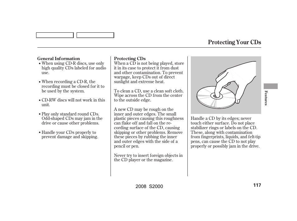 Protecting your cds | HONDA 2008 S2000 - Owner's Manual User Manual | Page 120 / 268