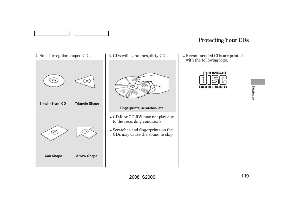 Protecting your cds | HONDA 2008 S2000 - Owner's Manual User Manual | Page 122 / 268