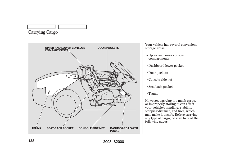 Carrying cargo | HONDA 2008 S2000 - Owner's Manual User Manual | Page 141 / 268