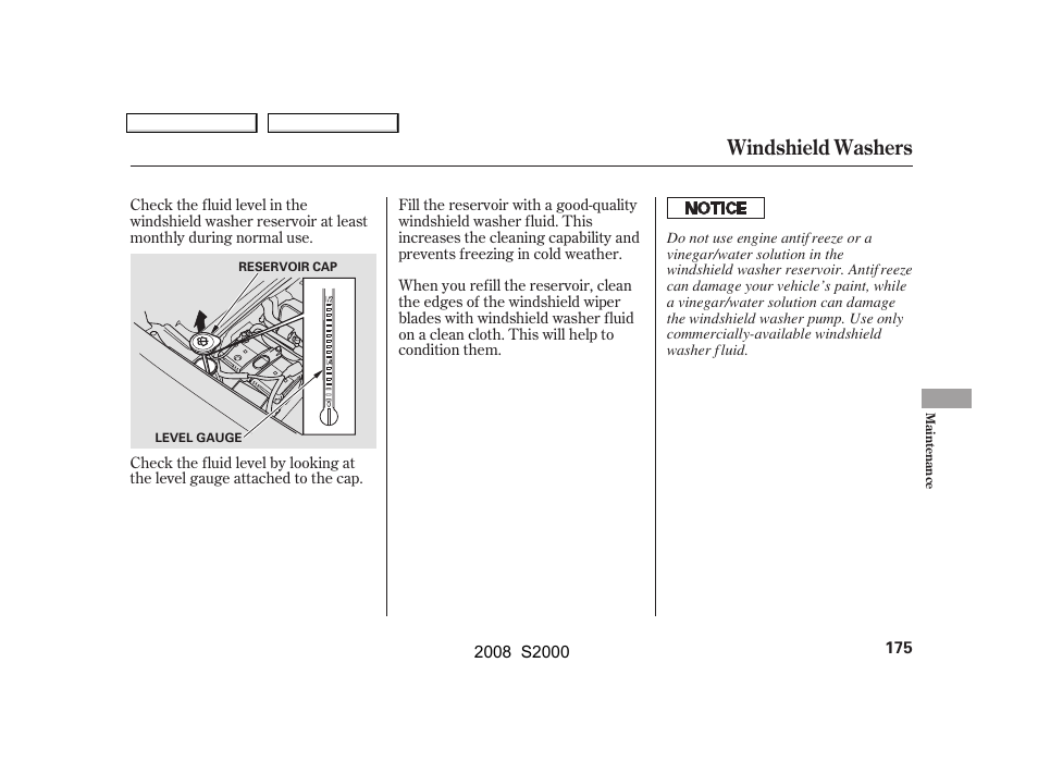 Windshield washers | HONDA 2008 S2000 - Owner's Manual User Manual | Page 178 / 268