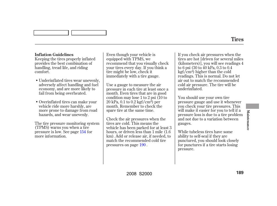 Tires | HONDA 2008 S2000 - Owner's Manual User Manual | Page 192 / 268