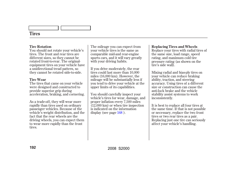 Tires | HONDA 2008 S2000 - Owner's Manual User Manual | Page 195 / 268