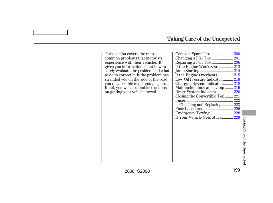 Taking care of the unexpected | HONDA 2008 S2000 - Owner's Manual User Manual | Page 202 / 268