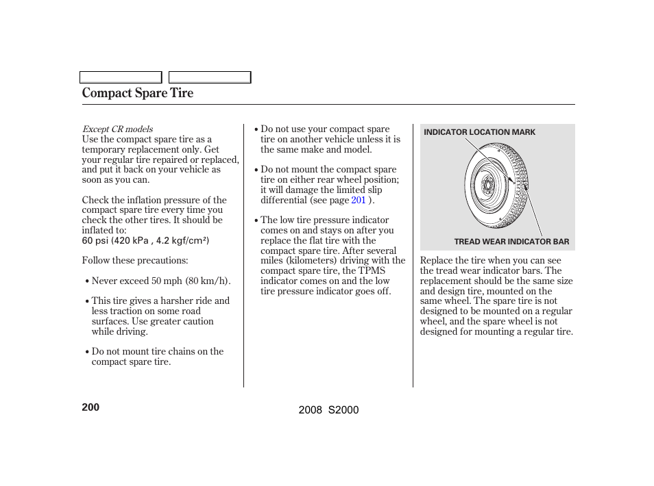 Compact spare tire | HONDA 2008 S2000 - Owner's Manual User Manual | Page 203 / 268