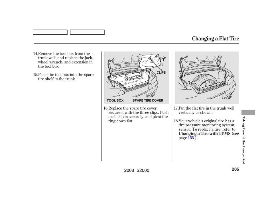 Changing a flat tire | HONDA 2008 S2000 - Owner's Manual User Manual | Page 208 / 268