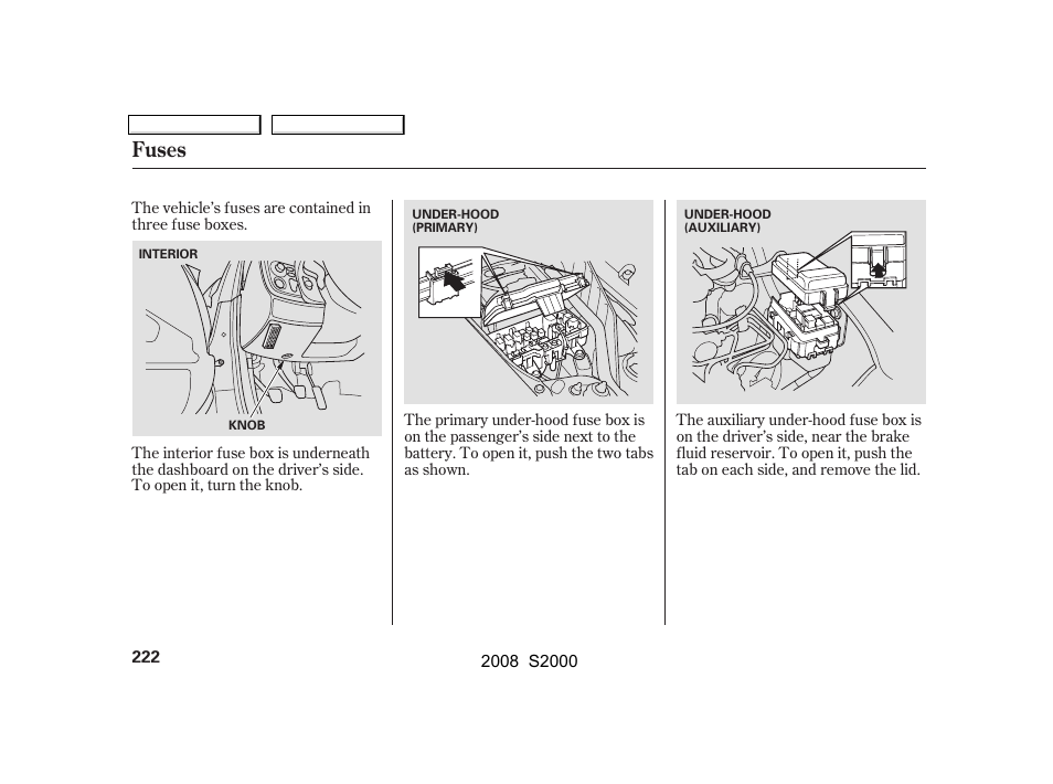 Fuses | HONDA 2008 S2000 - Owner's Manual User Manual | Page 225 / 268
